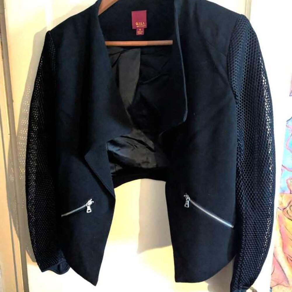 G.I.L.I Black Mesh Sleeve Cropped Moto Asymmetrical Jacket- Sz 6